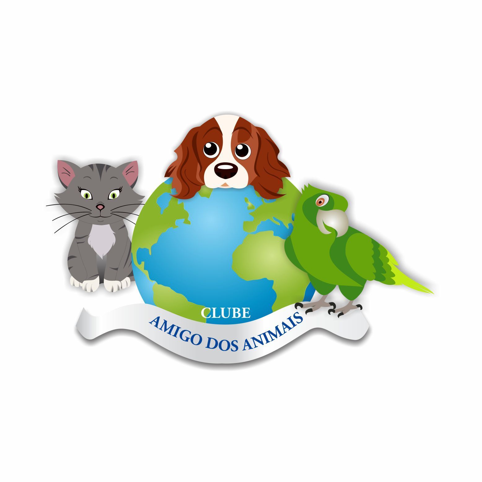 The logo for amigo dos animais shows a cat a dog and a parrot