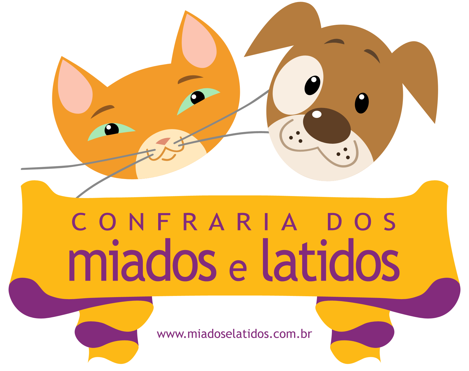 Um gato e um cachorro estão em uma placa que diz confraria dos miados e latidos