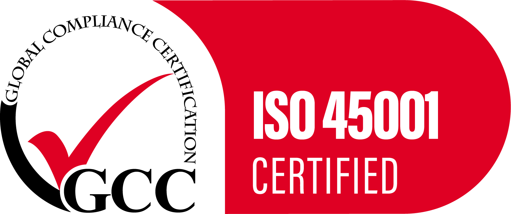 A red and white logo that says iso 45001 certified