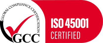 A red and white logo that says iso 45001 certified