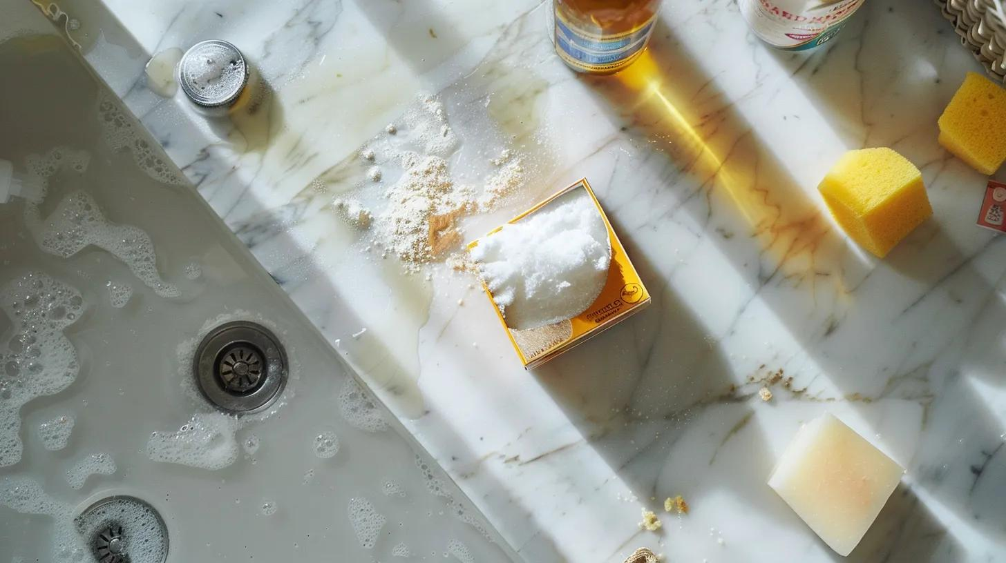 A marble countertop beside a soapy sink holds a pile of white powder, a sponge with foam, and several bars of soap.