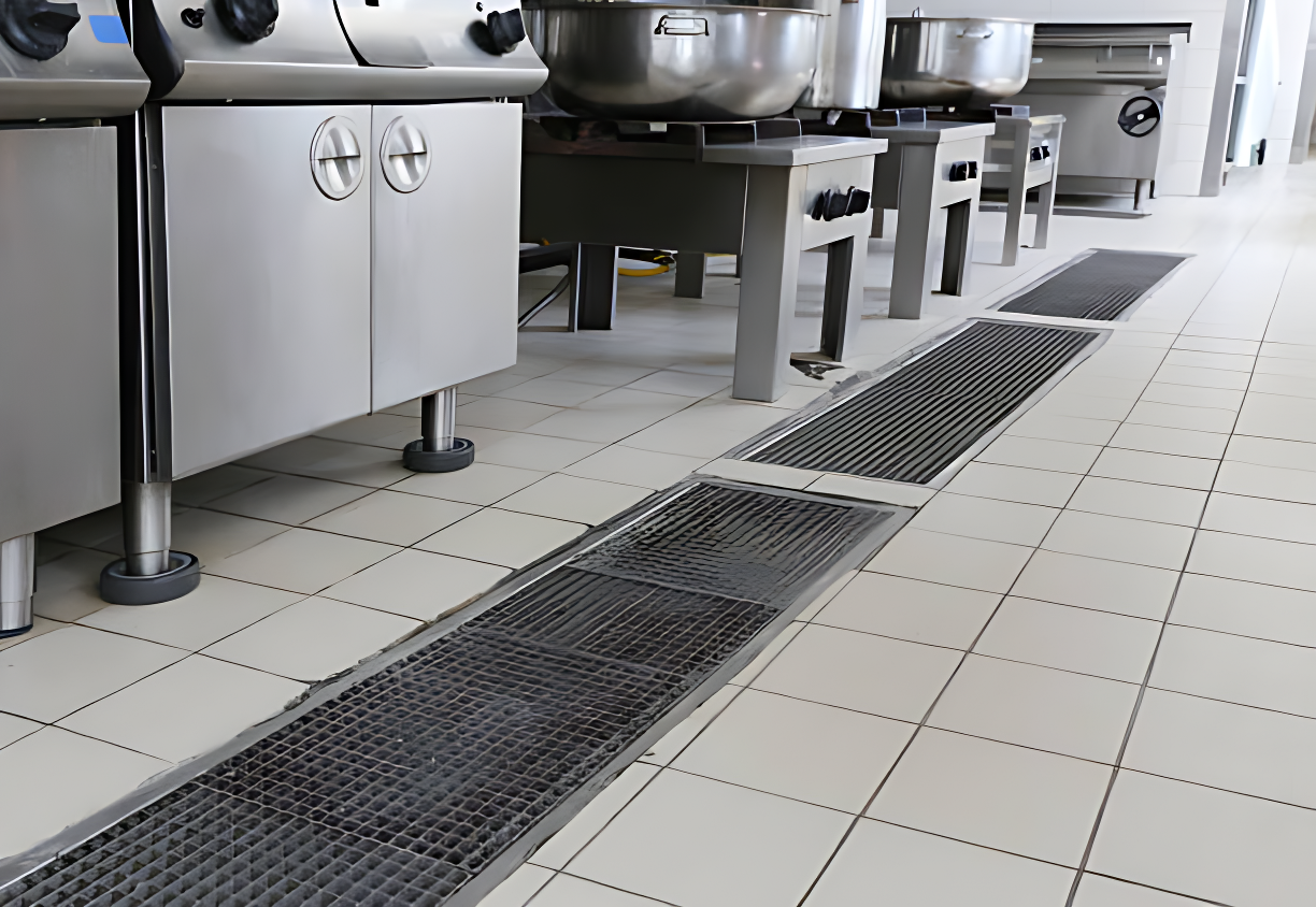 Stainless steel commercial kitchen with floor drain.