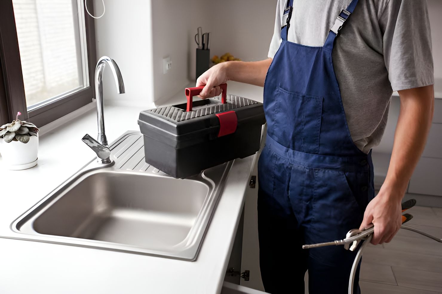 A plumber in blue overalls holding a toolbox and a tool near a kitchen sink.