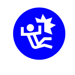 A blue circle with a white icon of a person falling