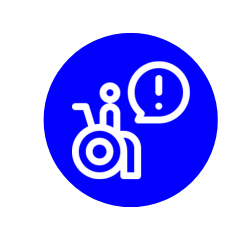 A person in a wheelchair and an exclamation point.