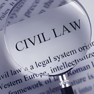 A magnifying glass is sitting on top of a page that says civil law.