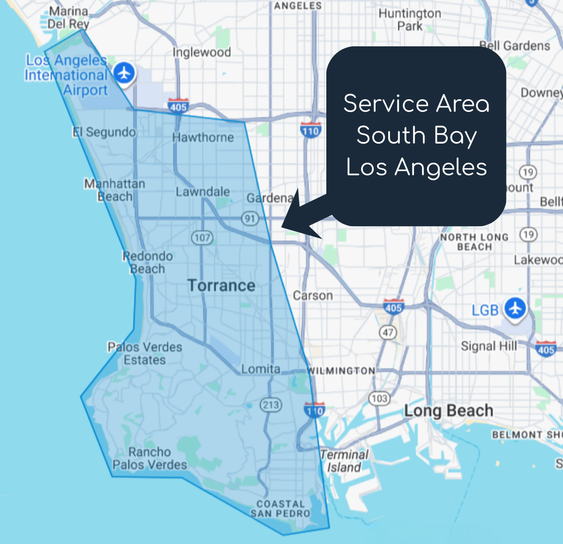 Map showing HomeDry’s service area across South Bay Los Angeles including Redondo Beach and Manhattan Beach