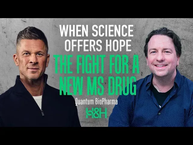 Two men on a gray background, text: 