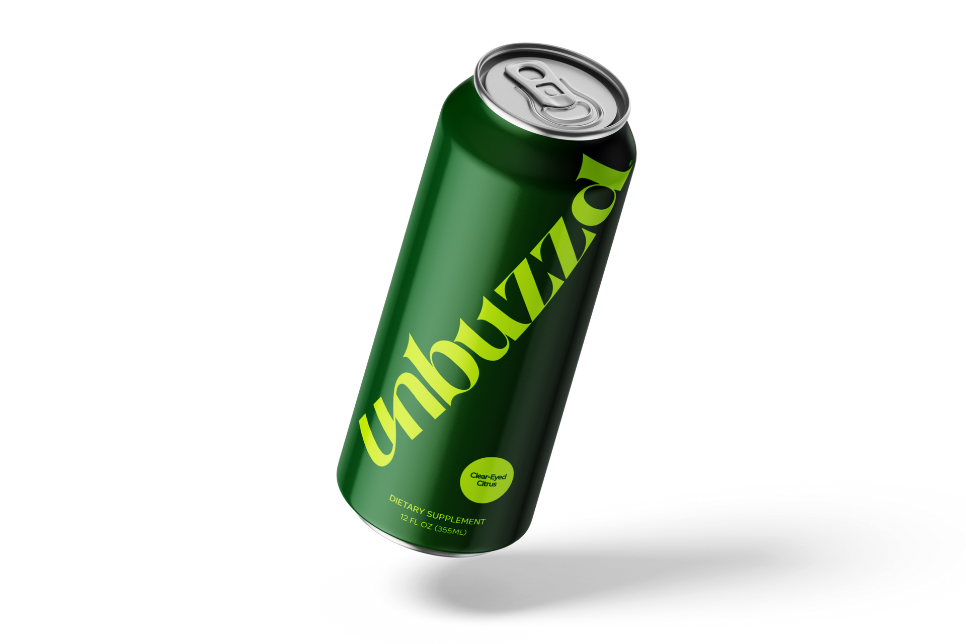 A green can of unbuzzed soda is floating in the air.