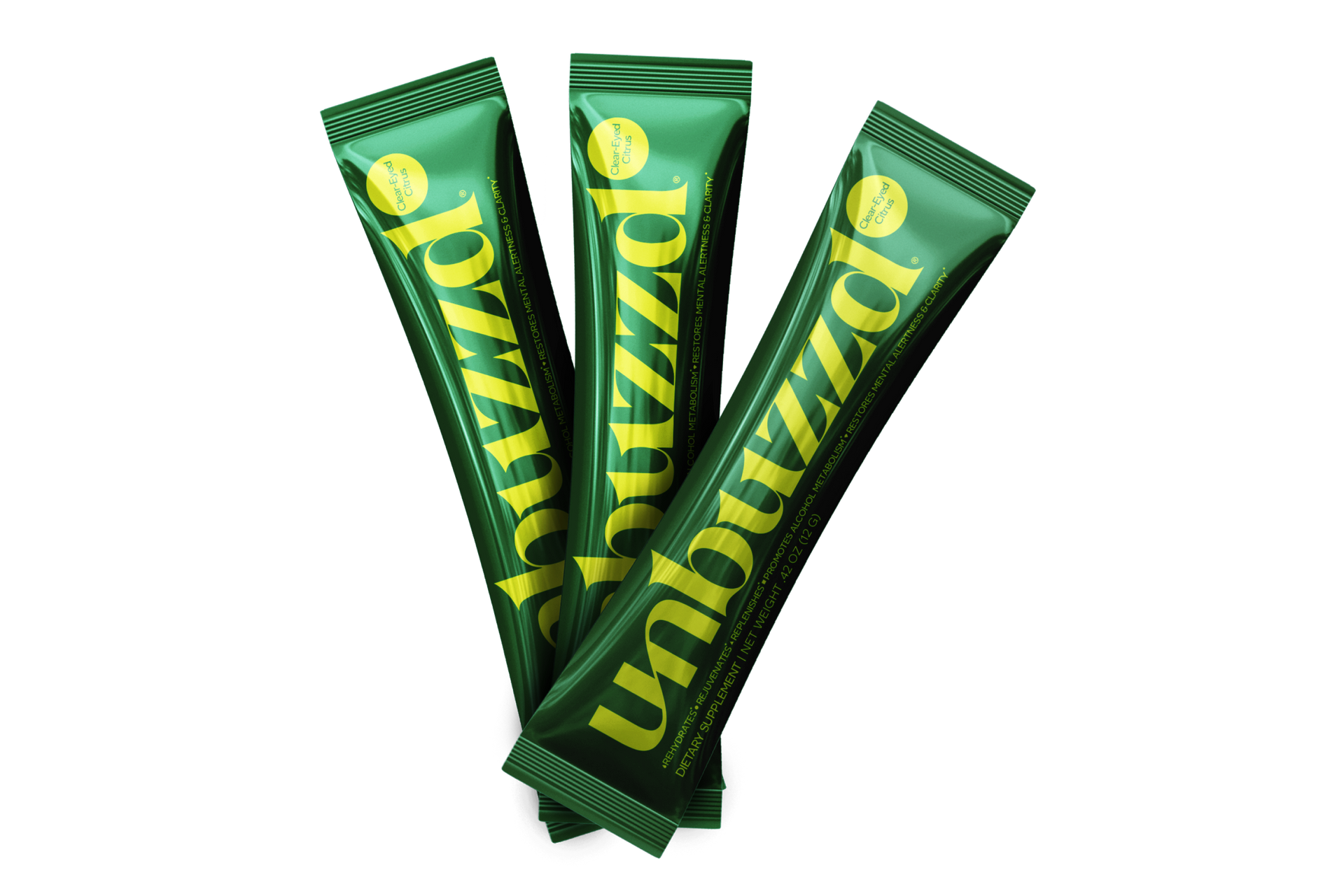 Three green packets of unbuzzed are stacked on top of each other on a white background.