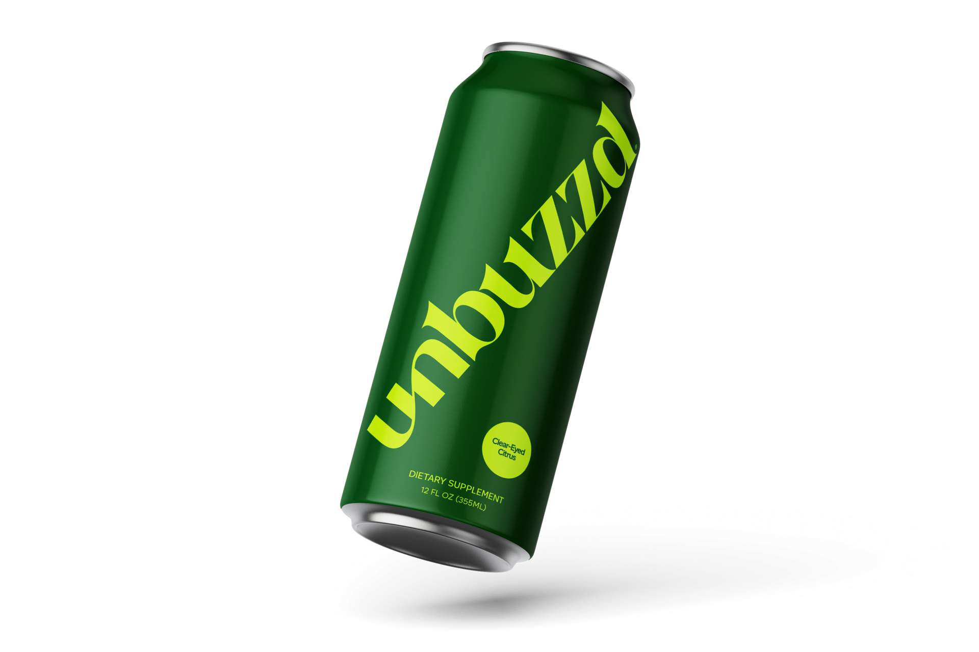 A green can of unbuzzed soda is floating in the air.