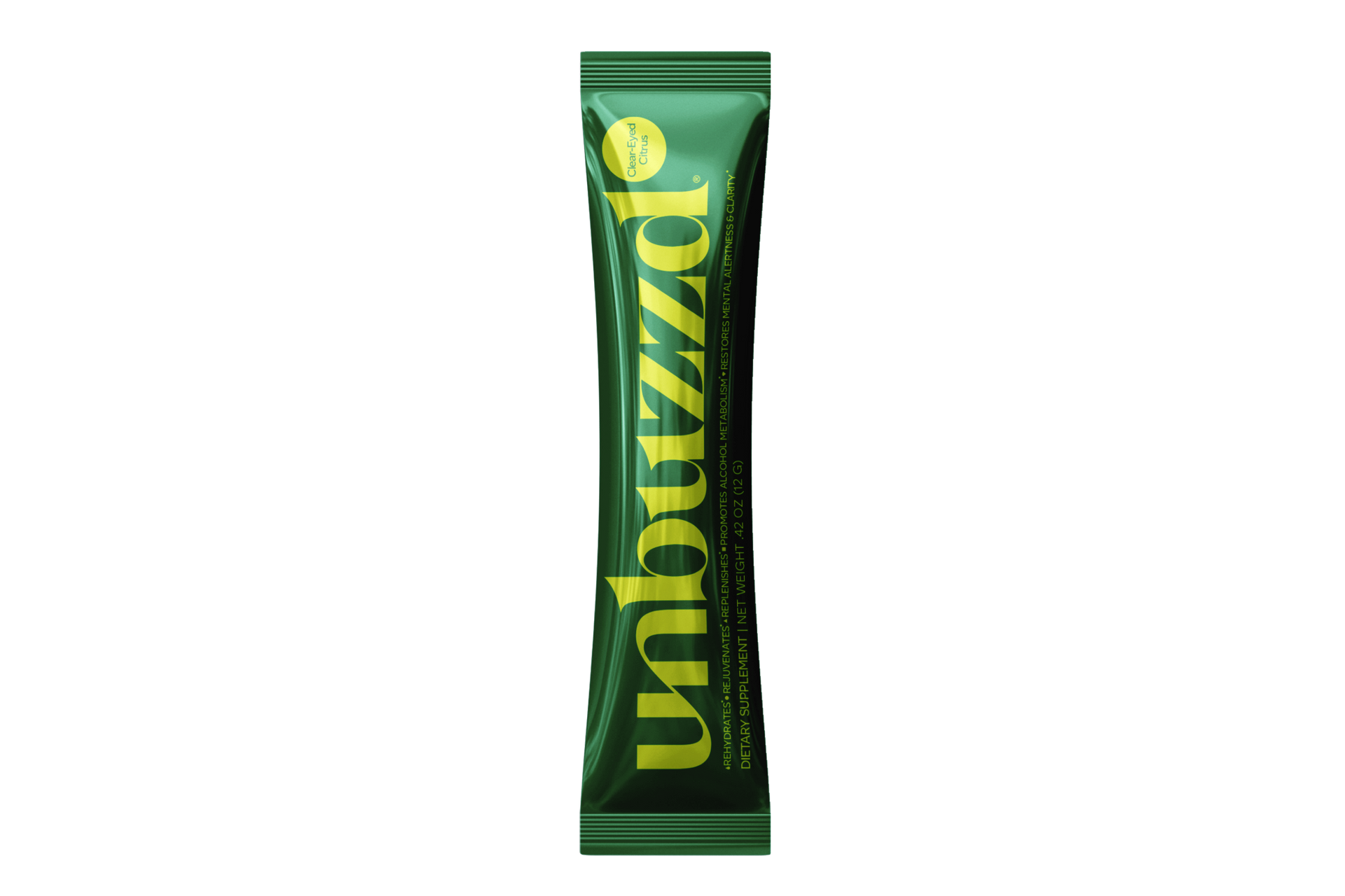 A green packet of pizzazzu is on a white background.