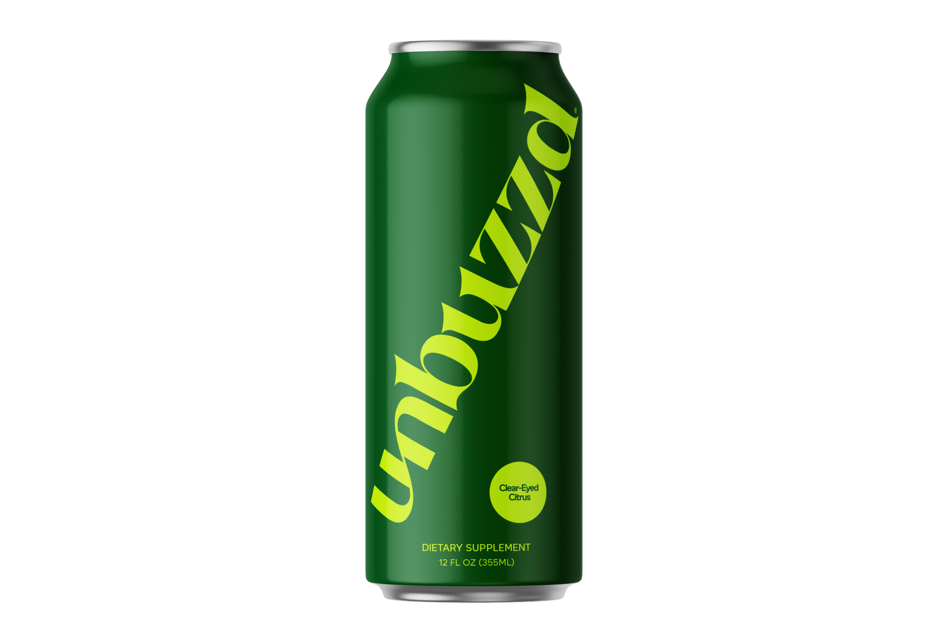 A green can of unbuzzled is on a white background.