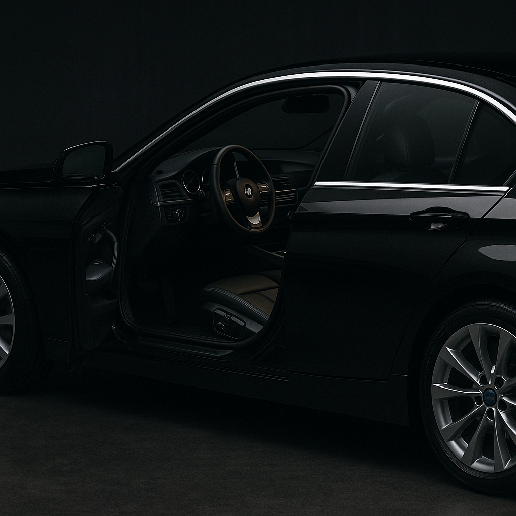 A close-up, dark-toned side view of a black sedan with its driver-side door open, revealing the illuminated interior.