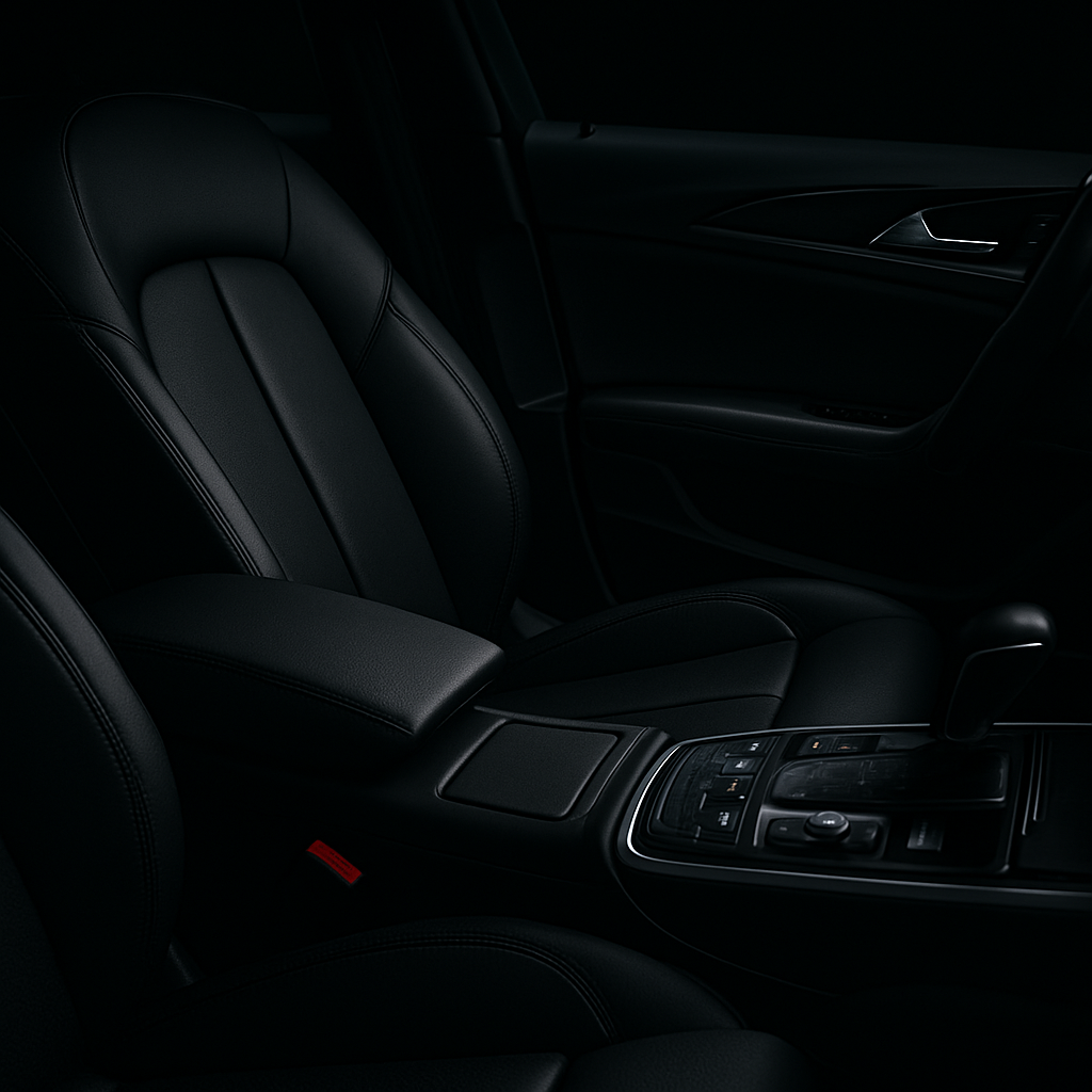 Dark interior of a car, showing black leather bucket seats, a center console with controls, and a gear shift.