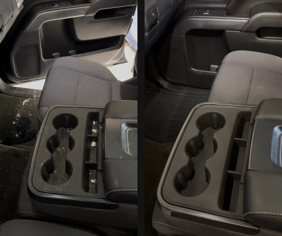 Before and after comparison of a vehicle interior center console being cleaned of debris and dust.