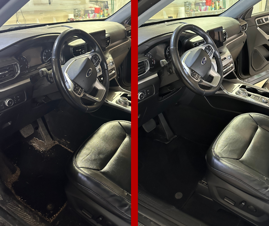 A split-screen view showing a vehicle interior before and after a deep cleaning, highlighting the removal of dirt and debris.