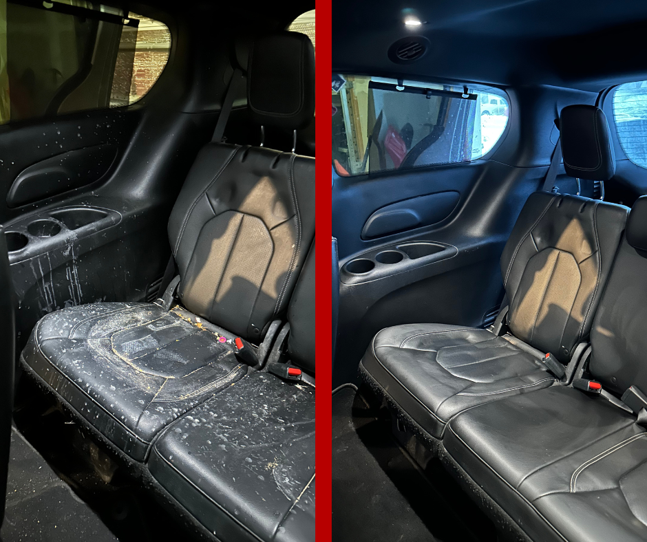 Before-and-after comparison showing a car's back seat dirty with debris and then cleaned and detailed.