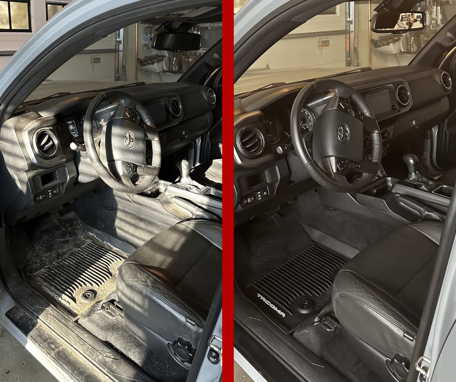 Split screen view showing the dirty interior of a vehicle next to the same interior after being cleaned.