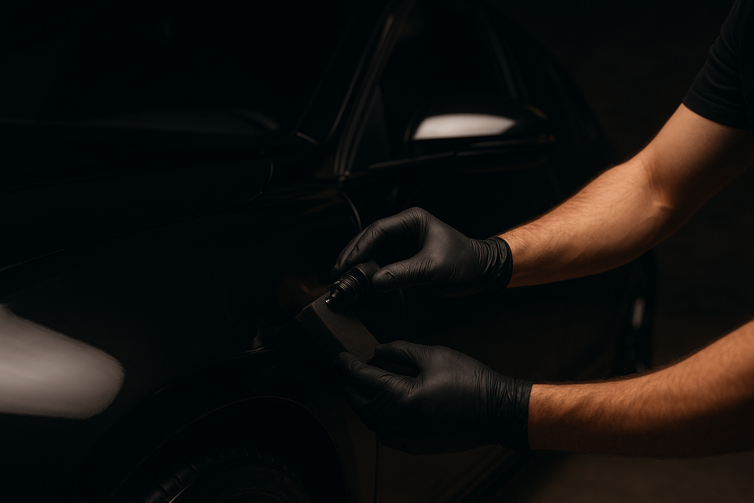 A person wearing black gloves applies a liquid coating to a car's dark paint using a small applicator pad.