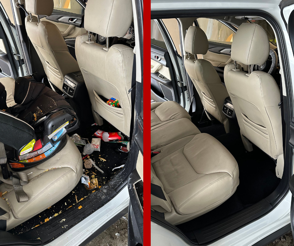 Before and after view of a car interior showing a messy backseat cleaned and vacuumed to a pristine state.