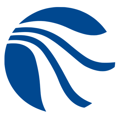 Blue stylized wave logo on a white background