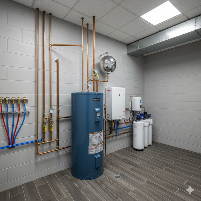 Utility room with water heater, pipes, and filtration system. Copper pipes and blue/red water lines on a tiled wall.