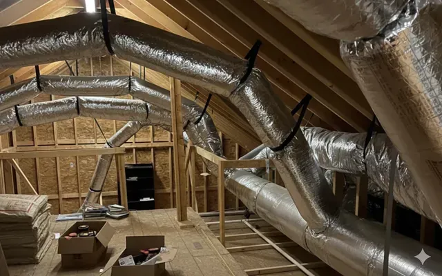 HVAC ductwork installed in an attic; silver flexible ducts run along wooden beams.