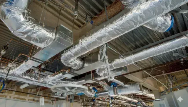 HVAC ductwork and pipes on a partially finished ceiling; silver insulation, blue fittings, and electrical wiring.