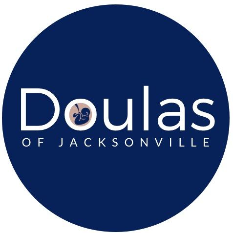 The logo for doulas of jacksonville is a blue circle with a picture of a baby in it.