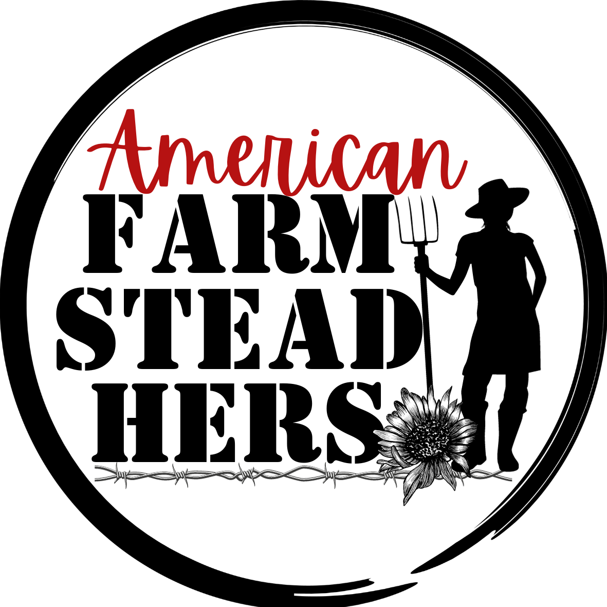 A logo for american farm stead hers with a silhouette of a woman holding a pitchfork.