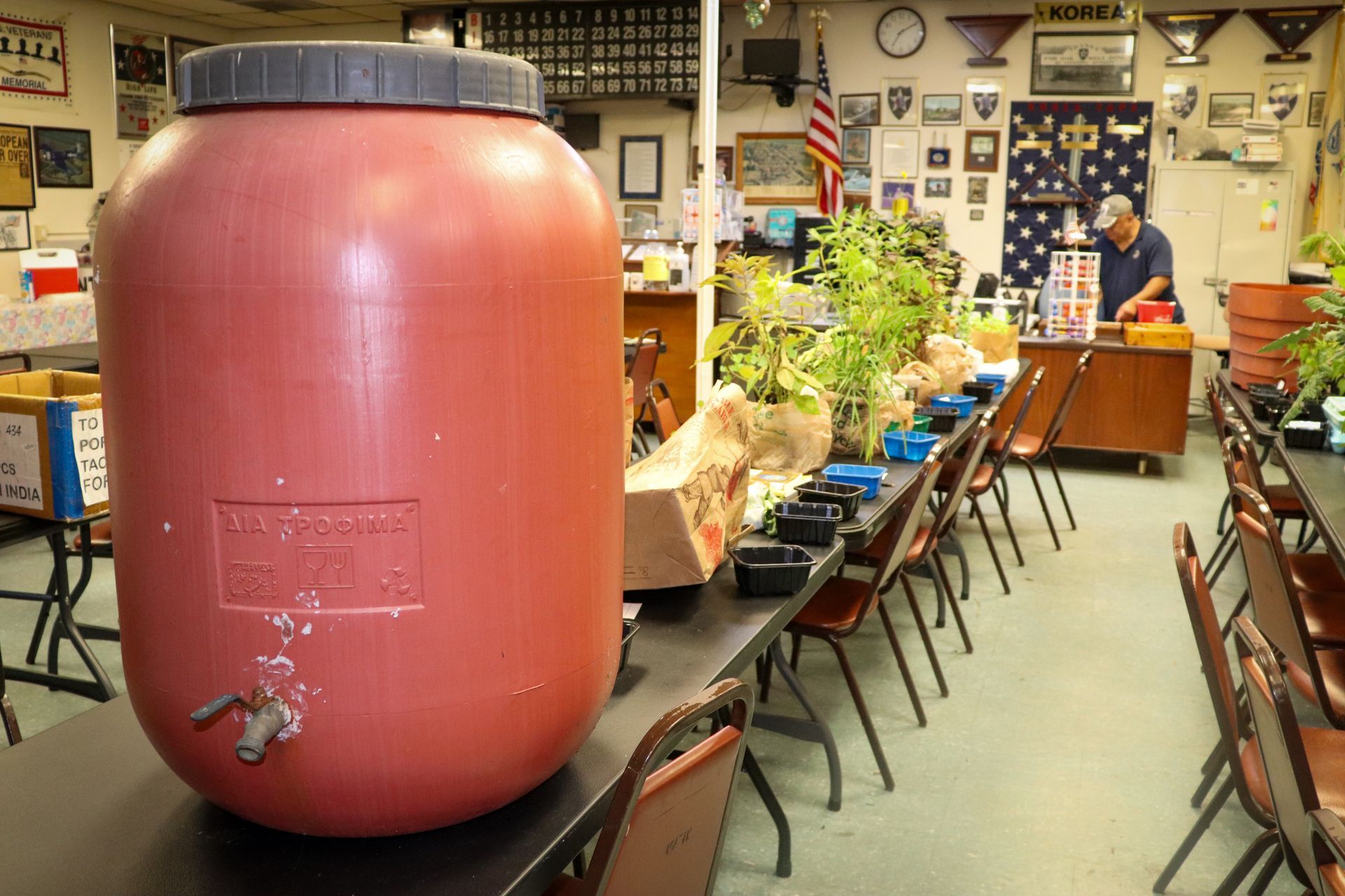 A large red container with the word ever on it