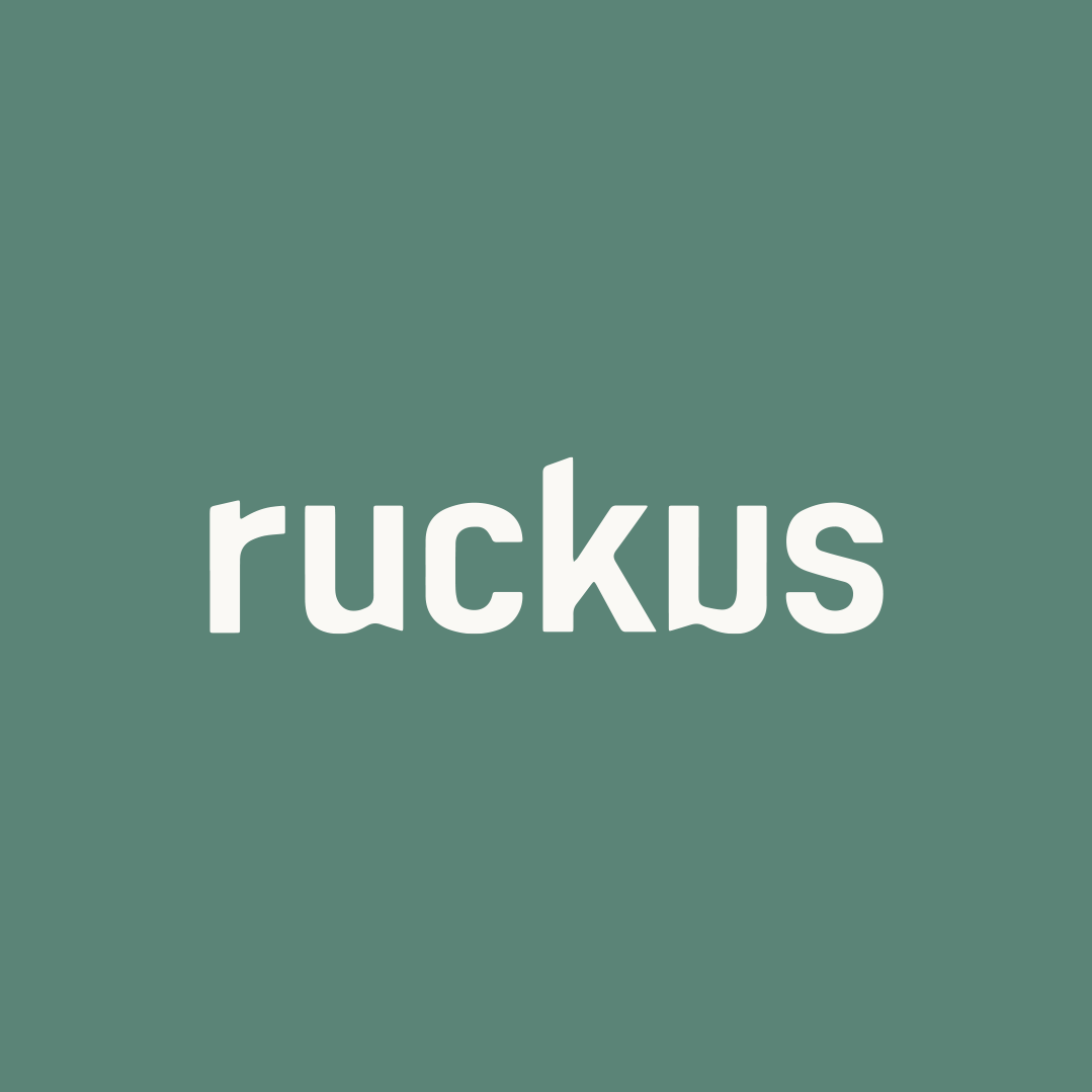 The word ruckus is written in white on a green background.