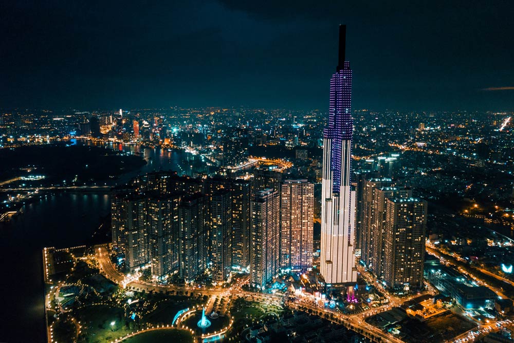 Vietnam's largest urban metropolis HCMC lit up at night.