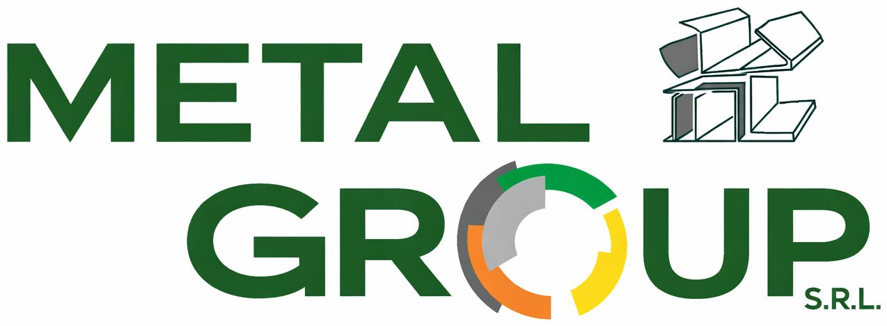 Logo di Metal Group SRL in verde, con forme metalliche astratte e un design circolare.