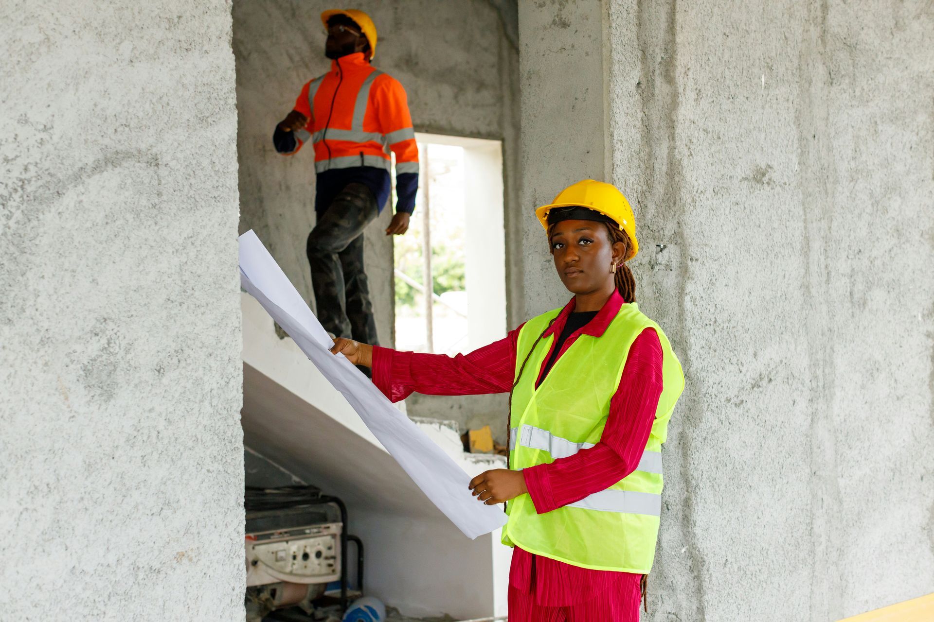 A woman is holding a blueprint while a man is standing on a staircase.