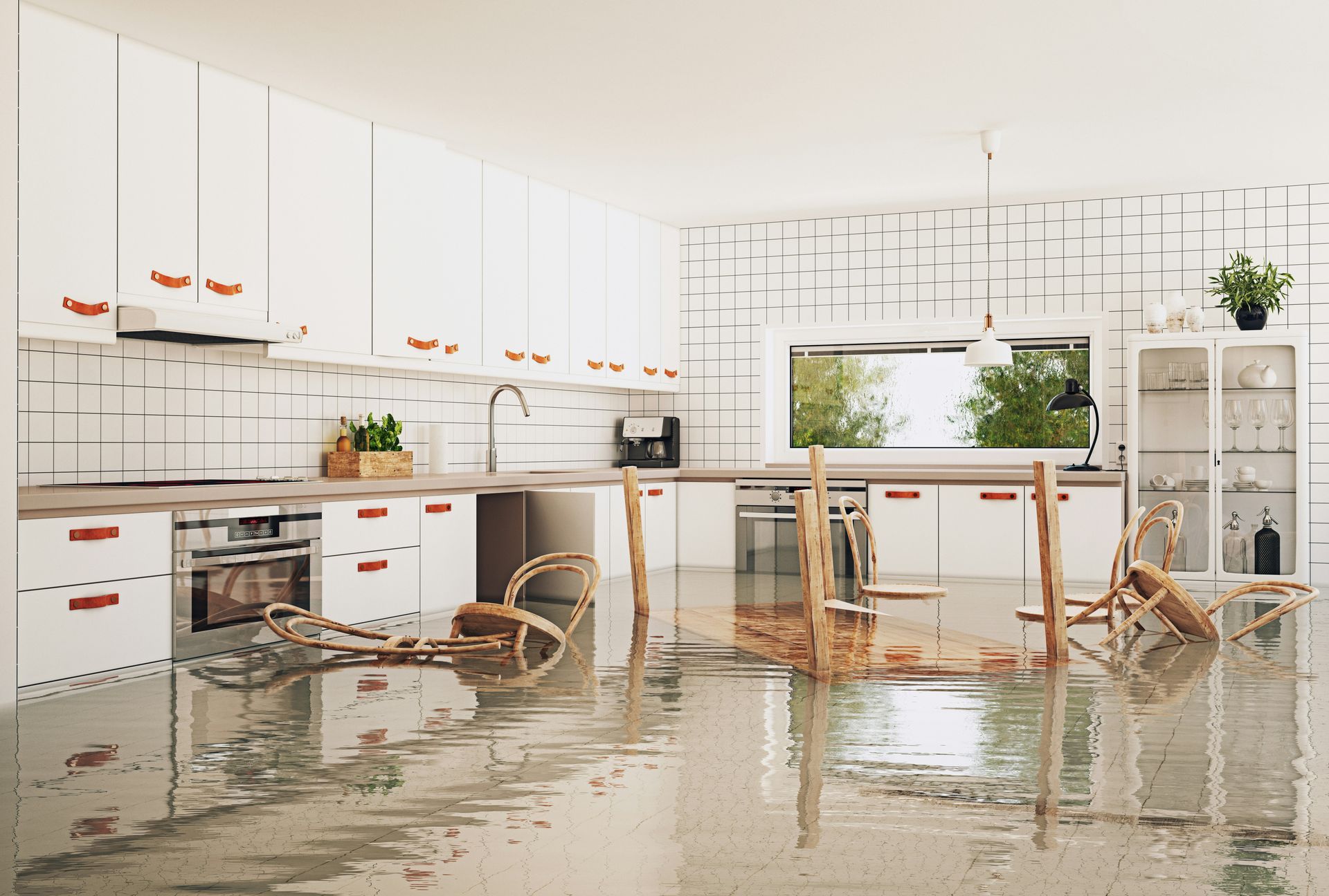 A kitchen with a flooded floor and white cabinets.