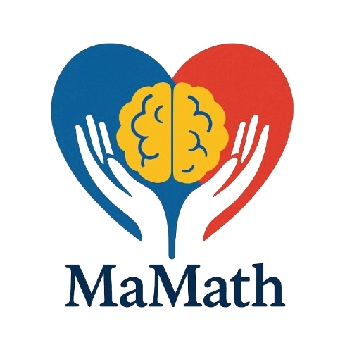 Logo of Mamath. A blue and red heart with a brain in the center and two hands holding the heart.
