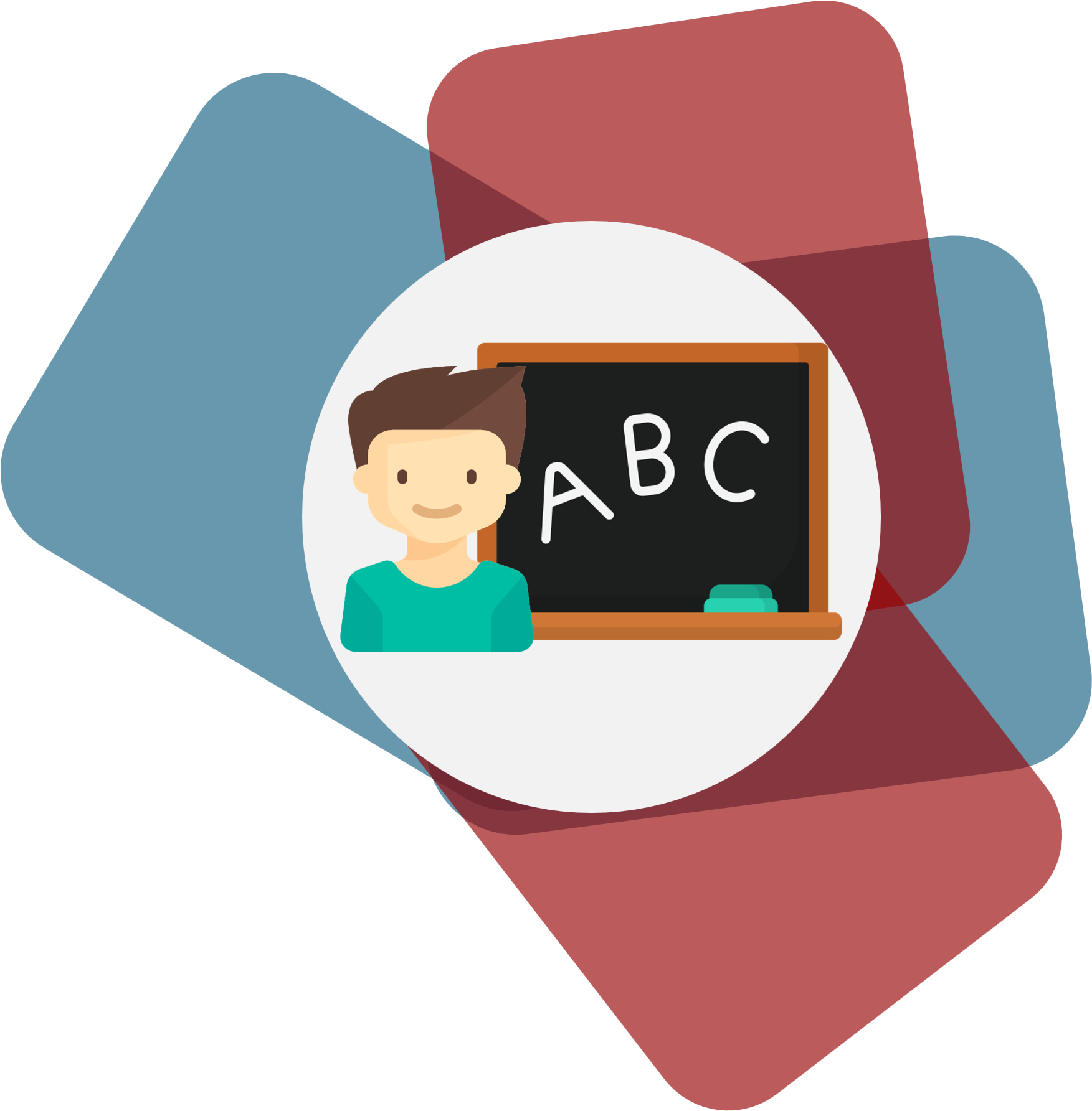 Graphic of kid standing next to blackboard. Blue and red decorations around the image.