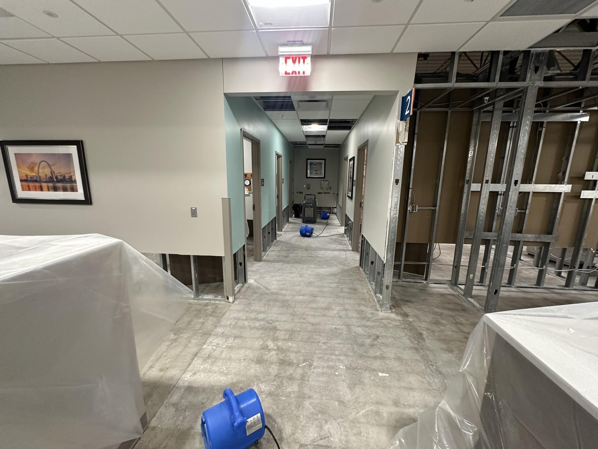 An office hallway under renovation with exposed metal wall studs, plastic sheeting, and industrial fans on the floor.