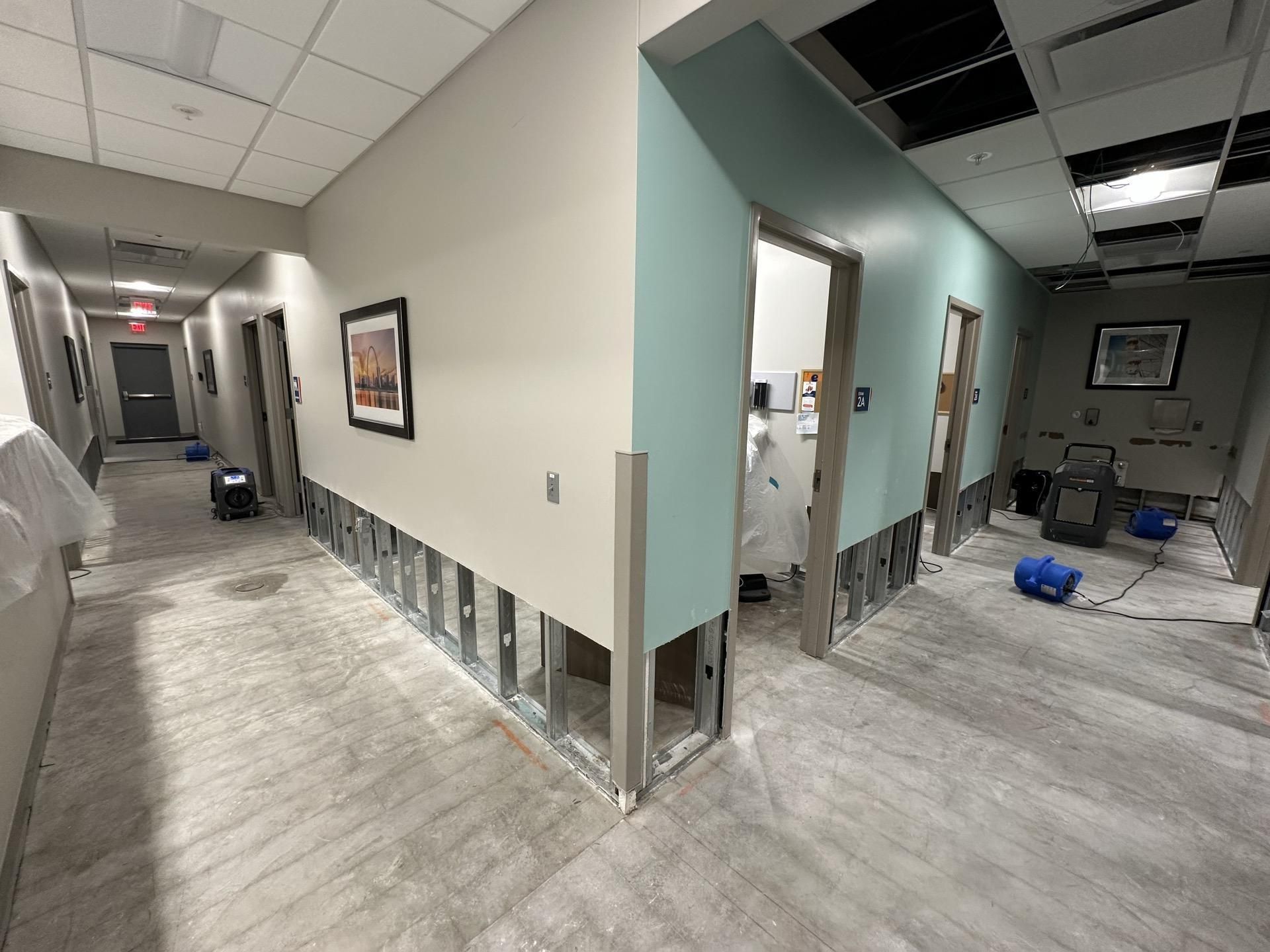 An office corridor under construction with exposed wall studs at floor level, teal and tan paint, and ceiling panels missing.