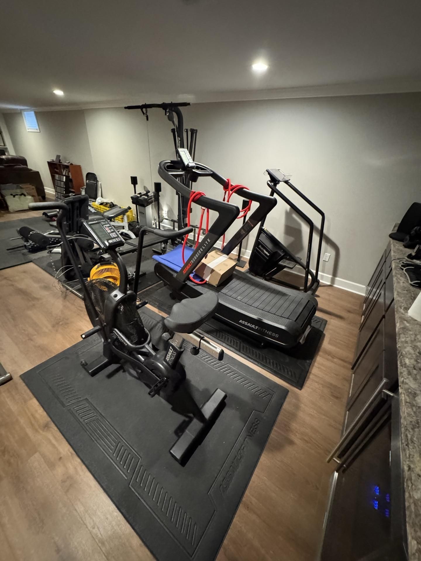 A home gym in a finished basement featuring a stationary bike, a treadmill, and a cable machine on black floor mats.