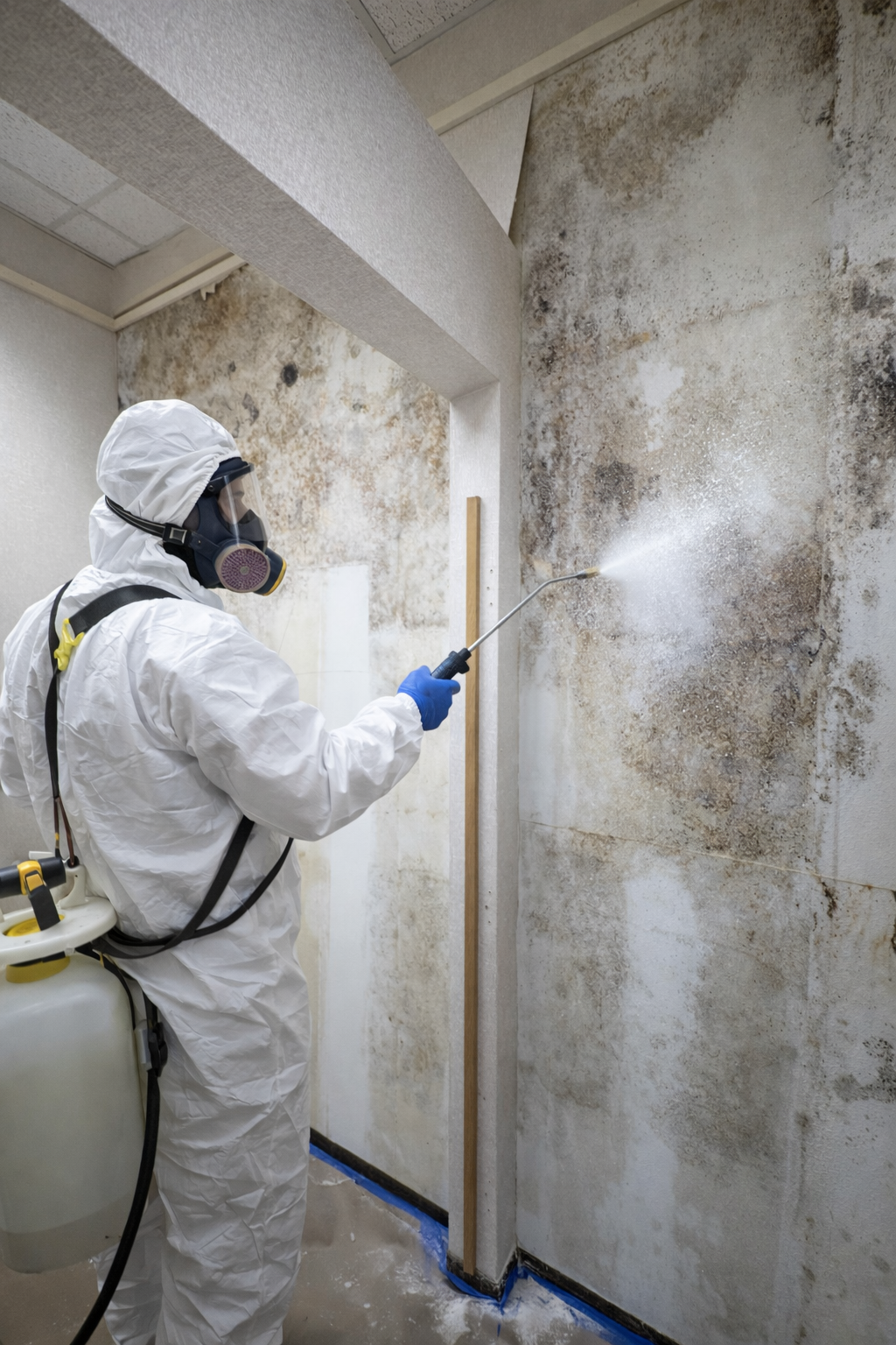 A person in a protective suit and respirator sprays a cleaning solution on a mold-covered interior wall.