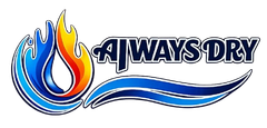 Logo for "ALWAYS DRY" featuring a blue and yellow flame-shaped design above a blue wave, set against a white background.
