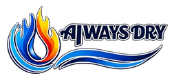 Logo for "ALWAYS DRY" featuring a blue and yellow flame-shaped design above a blue wave, set against a white background.