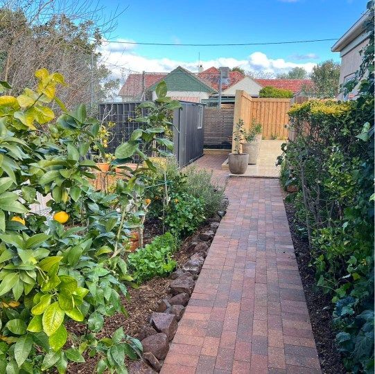Brick pathway through a garden with lemon trees, leading to a wooden deck and fences, under a blue sky — Darlington Landscaping in Dubbo, NSW