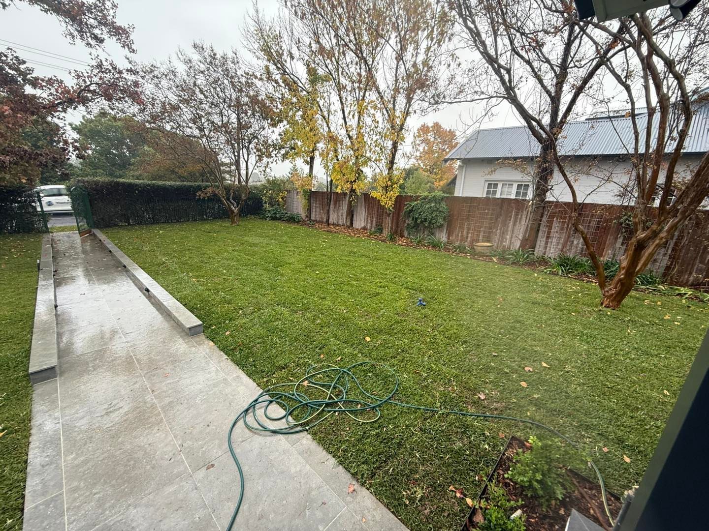 A green lawn and concrete path in front of a house, with a hose and trees under a rainy sky — Darlington Landscaping in Dubbo, NSW
