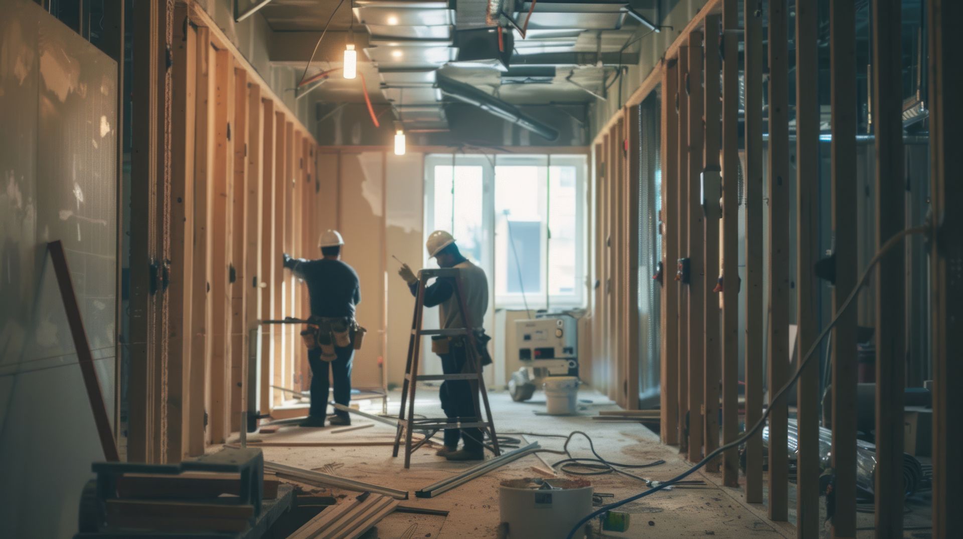 Two construction workers are working on a building under construction.