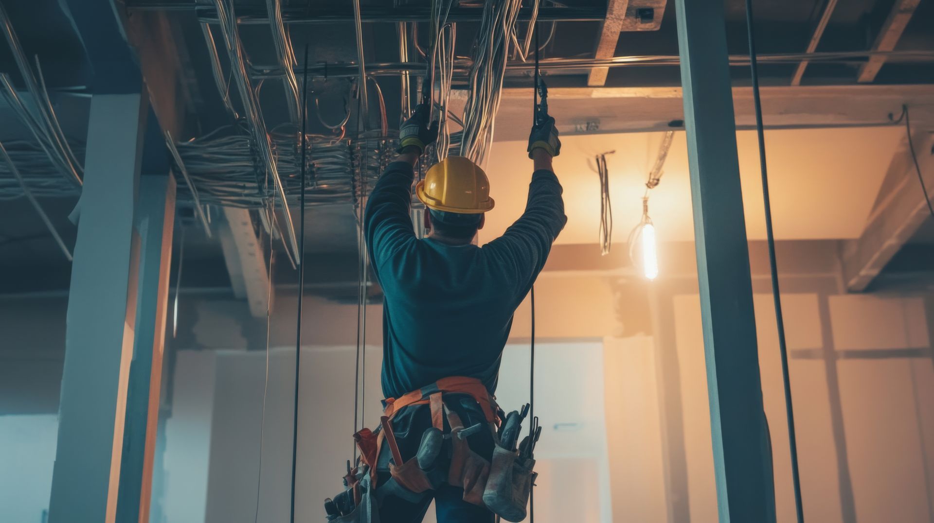 A construction worker is working on the ceiling of a building.