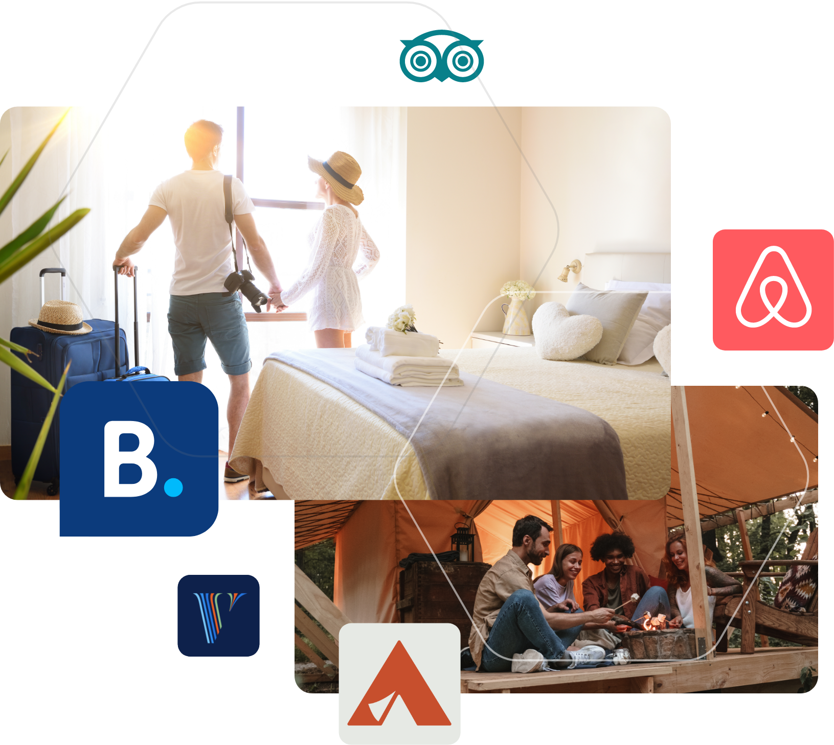 A collage of pictures of people in their accommodations, with logos for Tripadvisor, Hipcamp, Vrbo, and Booking.com.